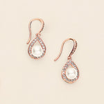 a pair of rose gold earrings with white stones