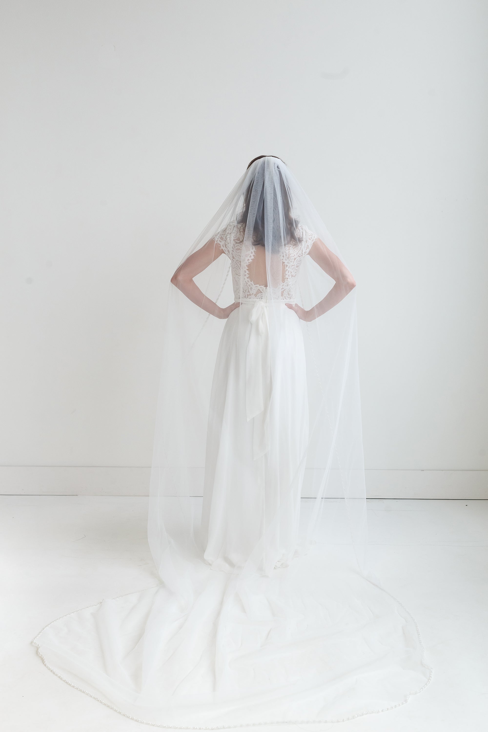 A woman in a white wedding dress stands with her hands on her hips, wearing a long white veil that extends behind her.