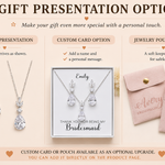 The image is a gift presentation option guide for a bridesmaid gift, featuring jewelry options such as a necklace, earrings, and a custom card or pouch.