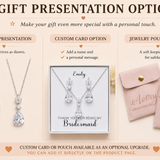 The image is a gift presentation option guide for a bridesmaid gift, featuring jewelry options such as a necklace, earrings, and a custom card or pouch.