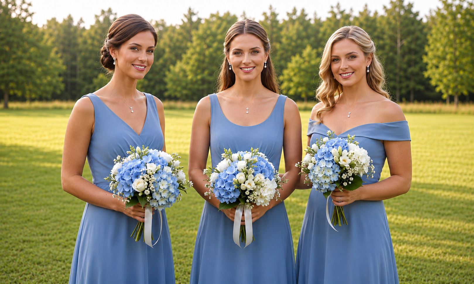 Three women in blue dresses holding bouquets of white and blue flowers stand together in a grassy field.
