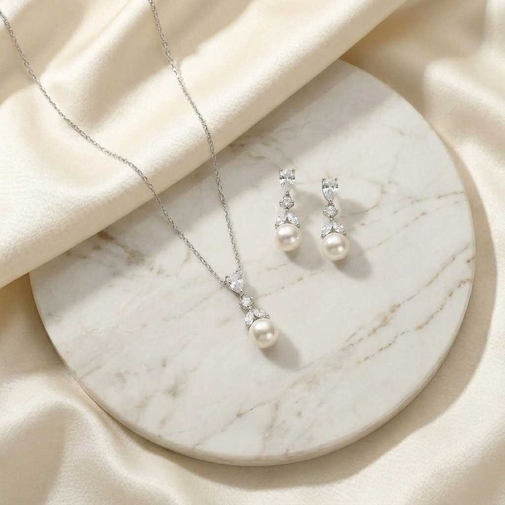 A delicate necklace with a pendant and earrings are displayed on a marble surface, creating an elegant and sophisticated setting.