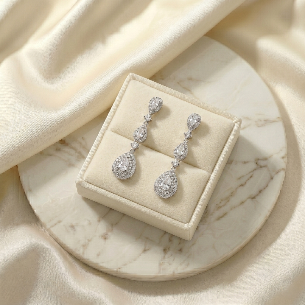 A pair of elegant diamond earrings is displayed in a white jewelry box on a marble surface.