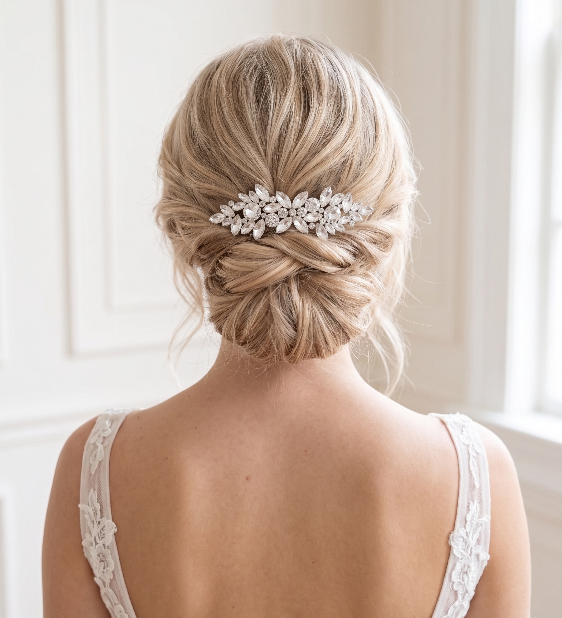 the back view of a woman's blonde hair styled in a bun, with a decorative hair accessory, likely a hair clip or hairpiece, placed in the center of her hair.