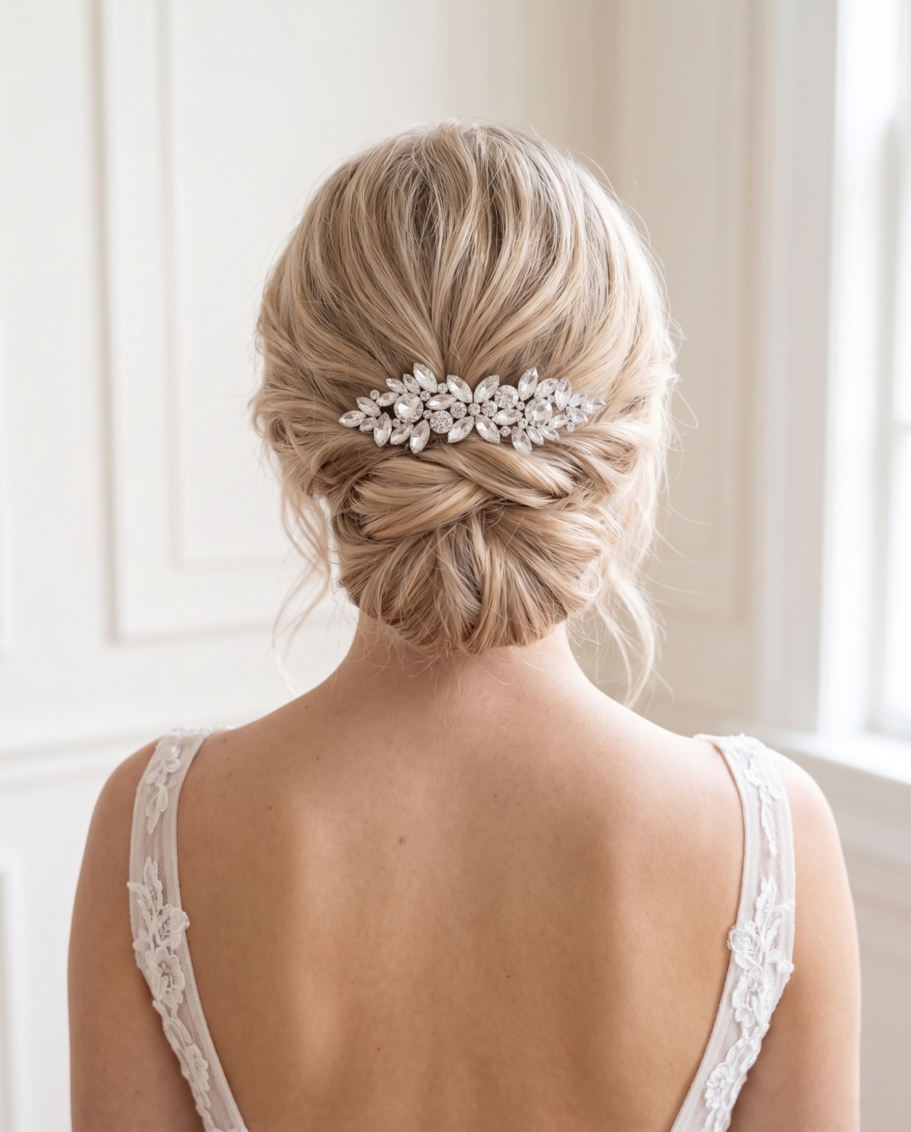 the back view of a woman's blonde hair styled in a bun, with a decorative hair accessory, likely a hair clip or hairpiece, placed in the center of her hair.