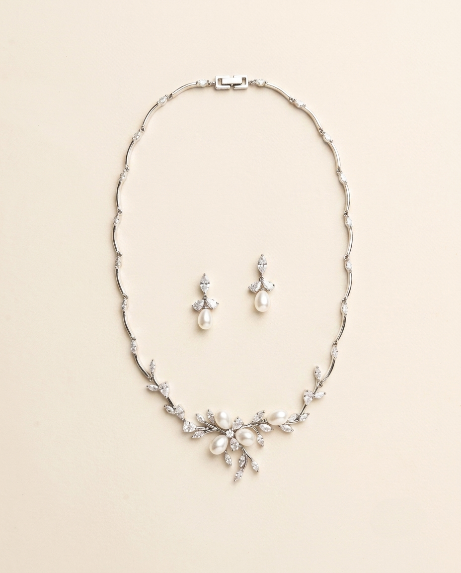 a delicate necklace and earrings set against a light beige background.