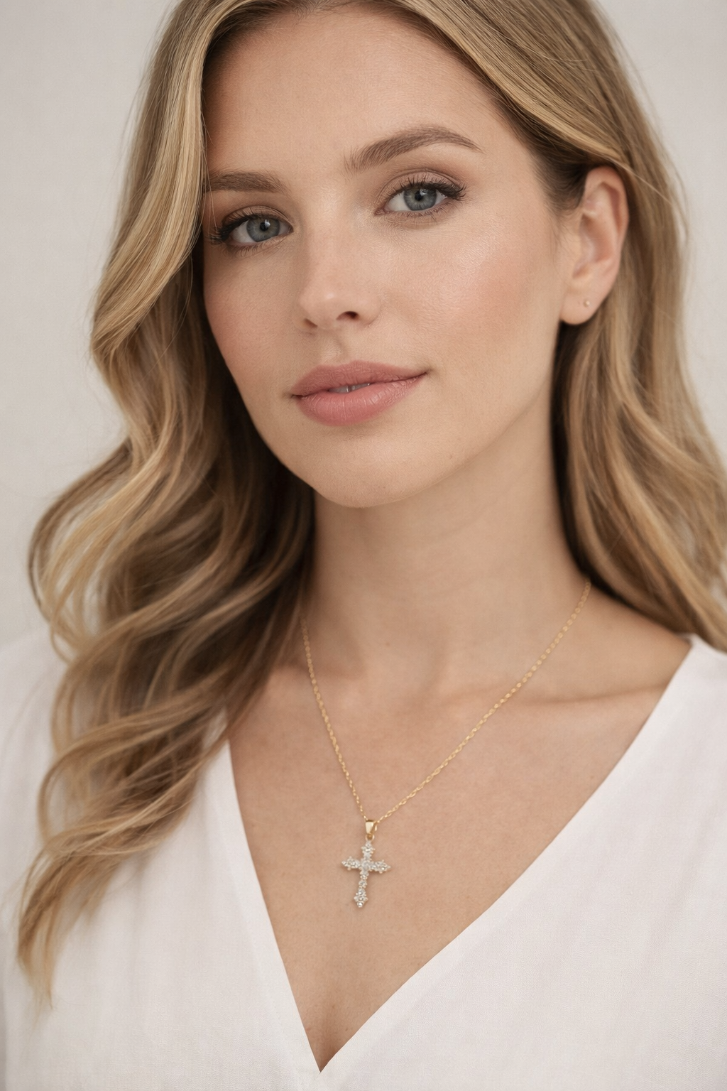 A close-up portrait of a woman with long, wavy blonde hair and a thoughtful expression, wearing a white blouse and a necklace with a cross pendant.