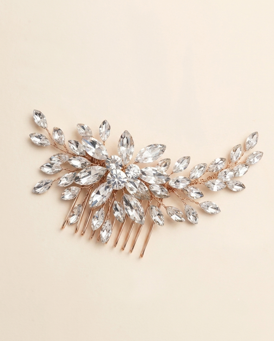 A decorative hair accessory with a floral design and numerous clear gemstones.