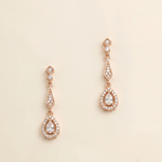 a pair of elegant gold earrings with small diamonds hanging from the ends.