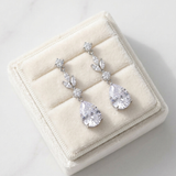 A pair of elegant earrings with large, clear gemstones, displayed in a white jewelry box on a marble surface.