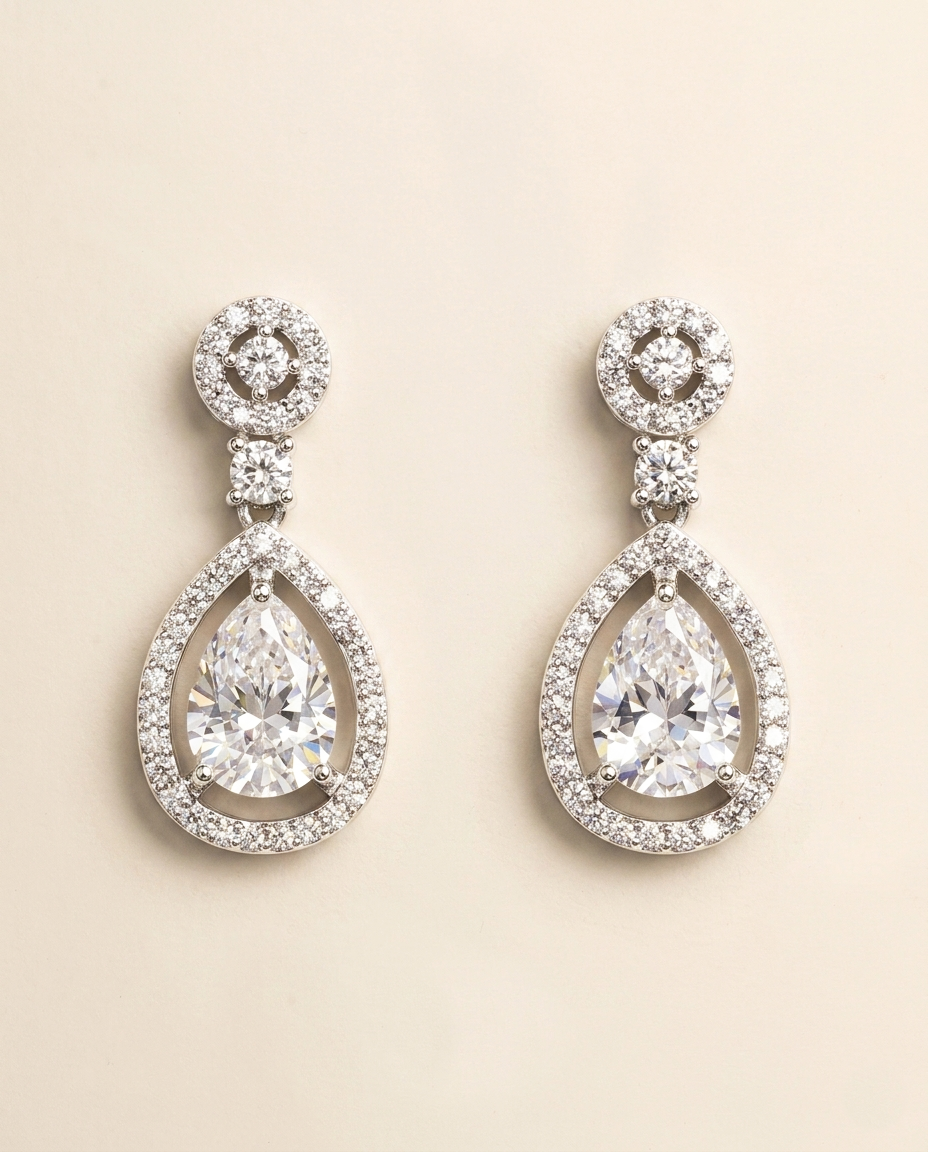 A pair of elegant diamond earrings with large, clear gemstones set in a sparkling, oval-shaped design.