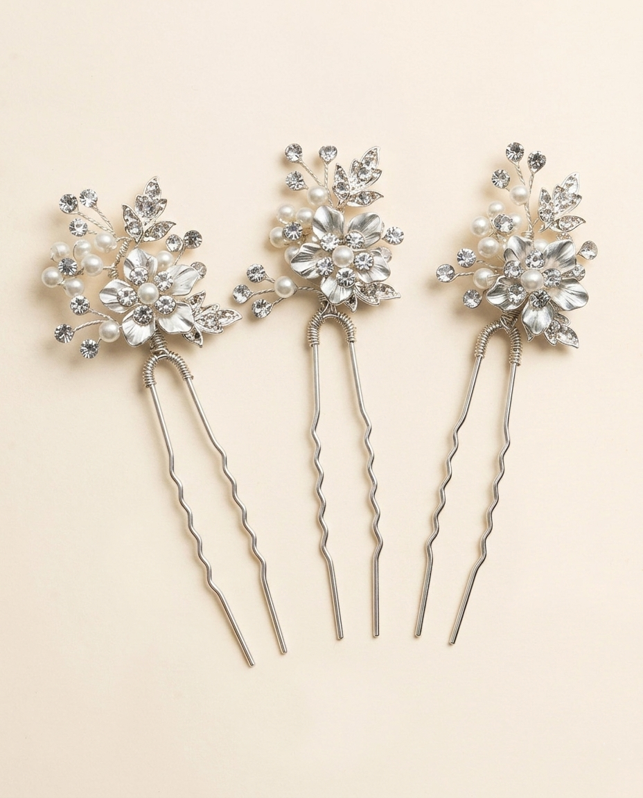 Three silver hair clips adorned with white flowers and crystals are arranged in a row against a light background.