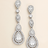 A pair of elegant diamond earrings with multiple tiers of sparkling crystal stones.