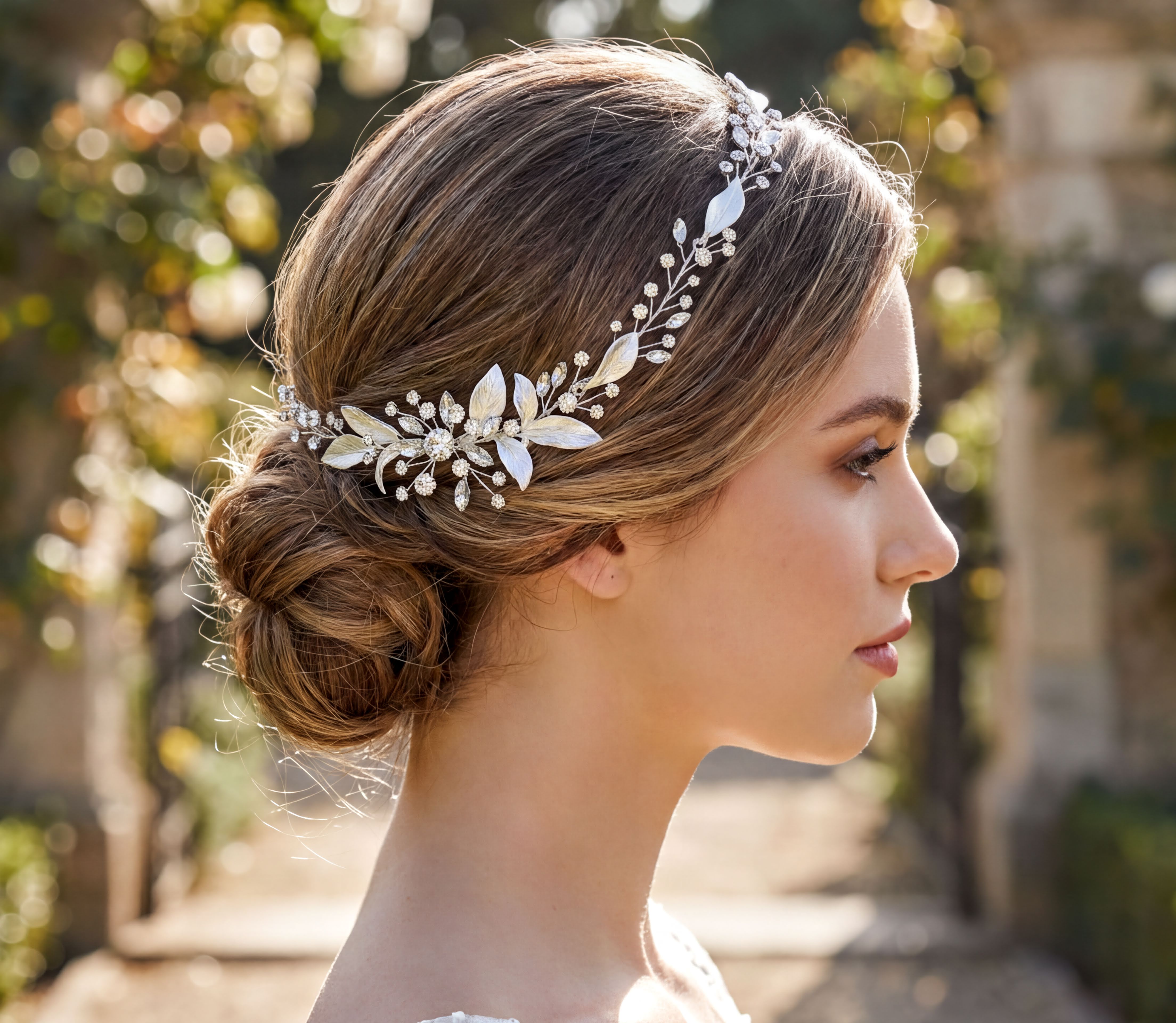 A woman with her hair styled in a bun, wearing a decorative headpiece with flowers and leaves.