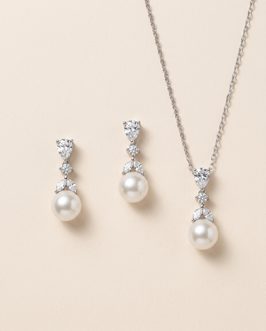 A necklace and earrings set with white pearls and diamonds.