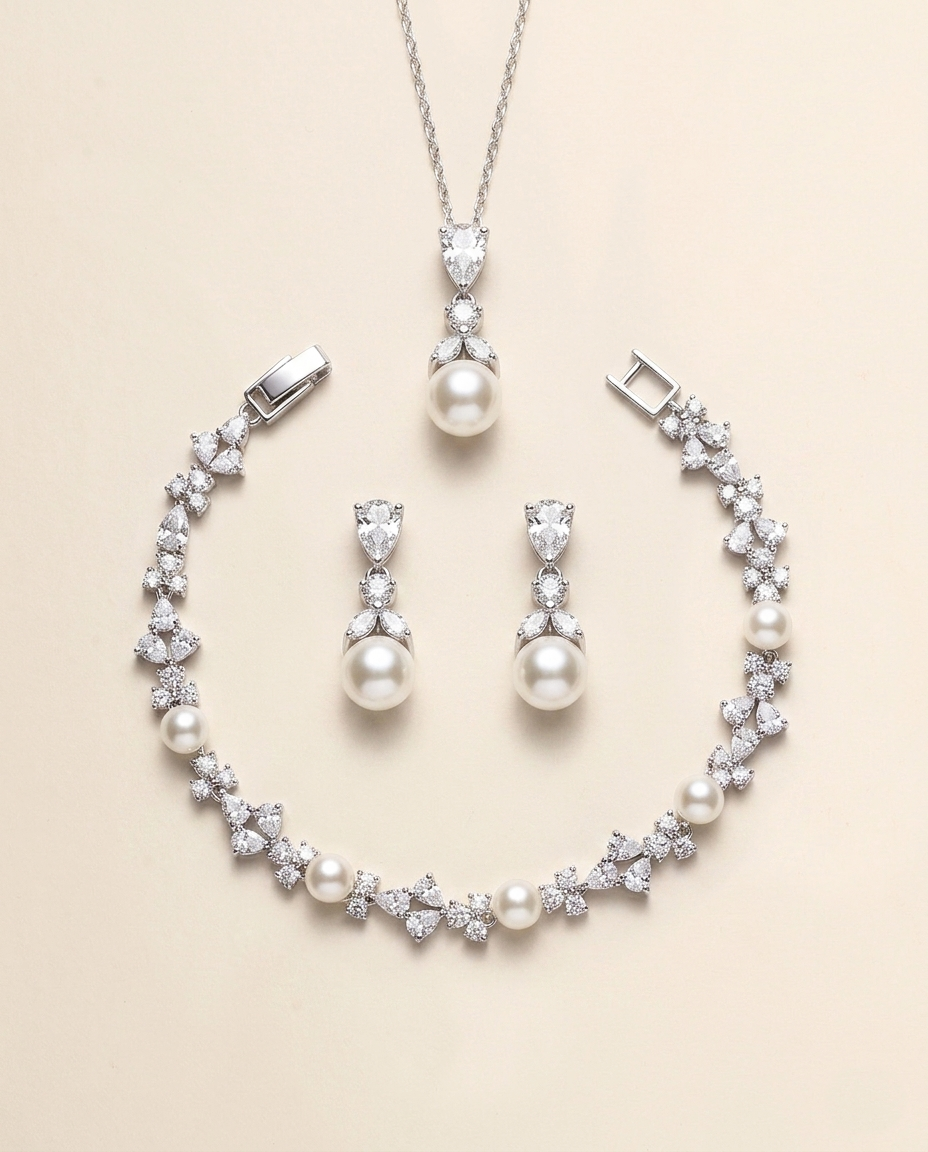 A necklace, earrings, and bracelet set made of white pearls and diamonds, arranged on a beige background.