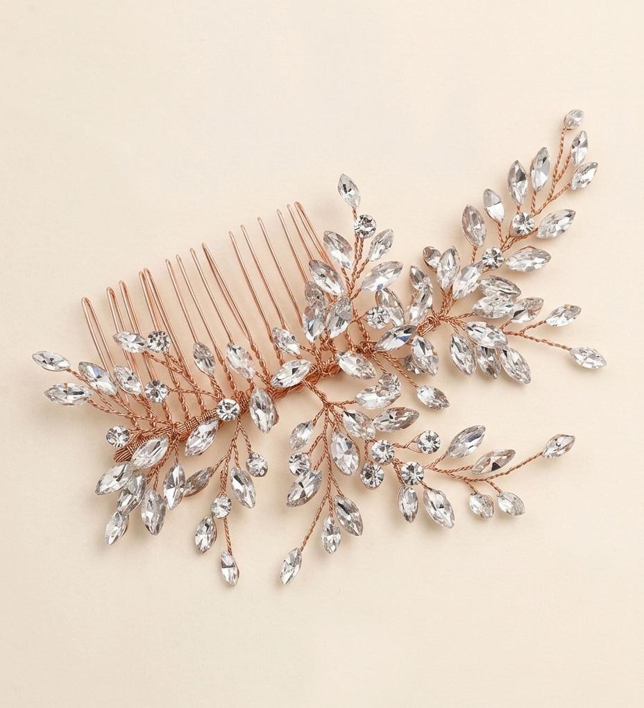 a decorative hair accessory with a metallic copper-colored frame and a branch-like design adorned with numerous small, clear crystal embellishments.