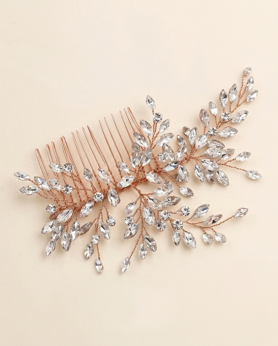 a decorative hair accessory with a metallic copper-colored frame and a branch-like design adorned with numerous small, clear crystal embellishments.
