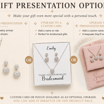three gift presentation options for a bridesmaid or bridesmaid-related gift, including jewelry, a custom card, and a pouch.