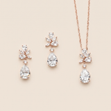 a set of elegant jewelry pieces, including a necklace and earrings, all featuring large, clear gemstones.