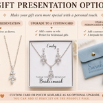 The image is a gift presentation option for bridesmaids, featuring jewelry and a personalized keepsake pouch. The jewelry arrives as shown, and there are options to upgrade to a custom card or pouch. The keepsake pouch is personalized with a name and wedding role, and it keeps the bridesmaids' treasure safe. The presentation is available as a custom card or pouch, and you can add it directly on the product page.