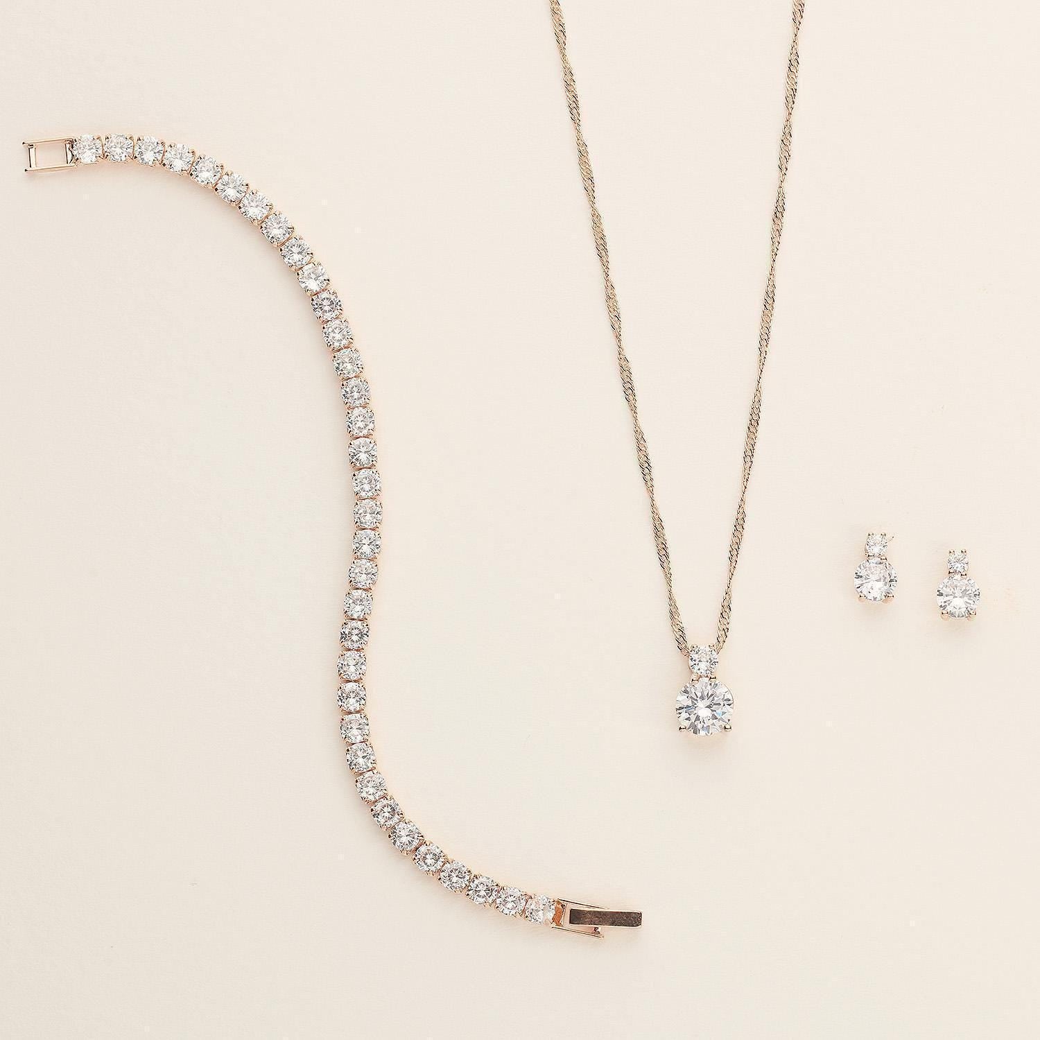 Petite Round Bridesmaid Jewelry Set – Minimalist Cubic Zirconia Bridal Necklace and Earrings