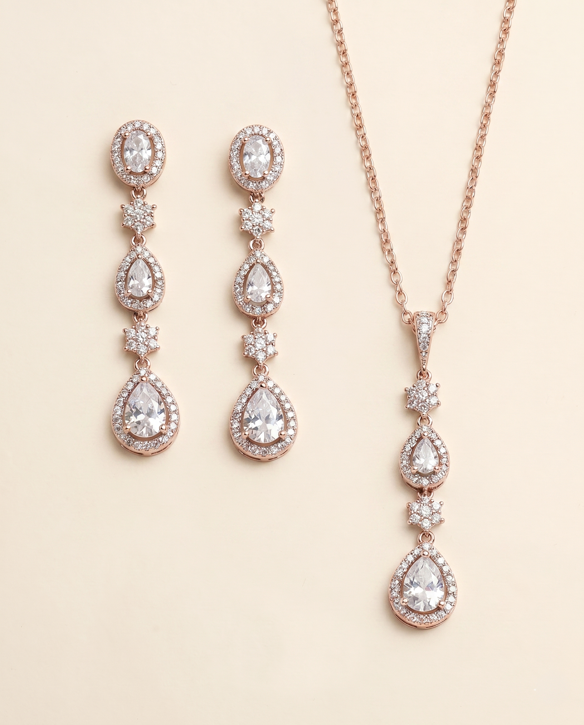 a set of elegant jewelry pieces, including a necklace and earrings, both adorned with large, sparkling diamonds.