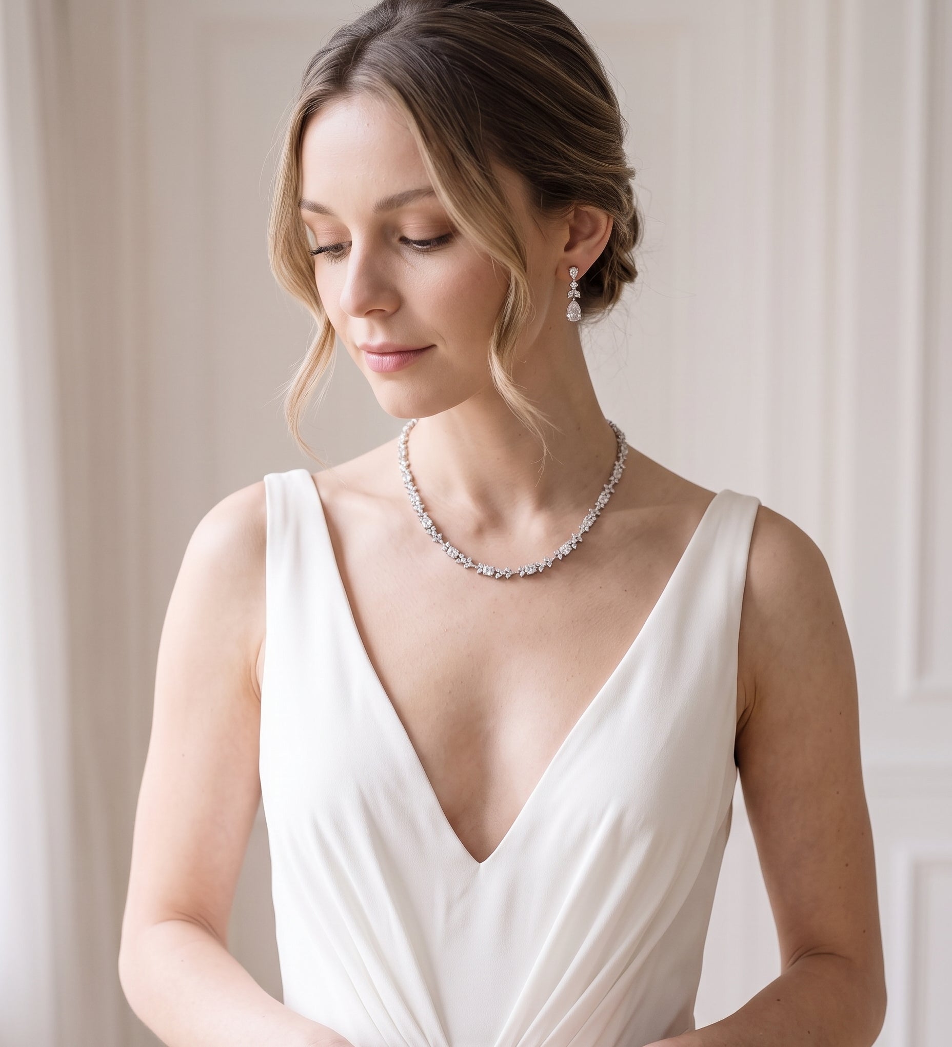 A woman in a white dress with a necklace and earrings stands in front of a white wall, her gaze directed downwards.
