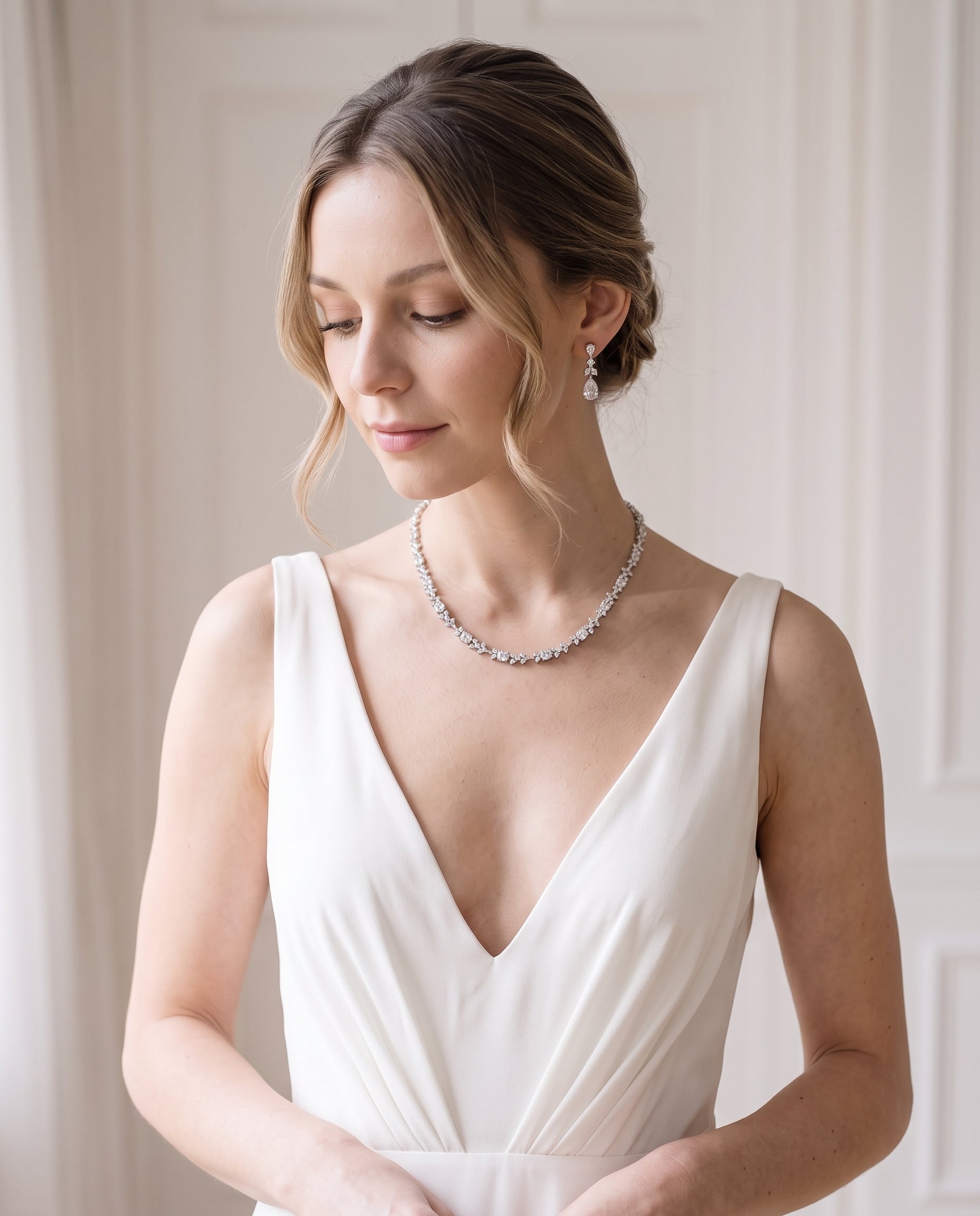 A woman in a white dress with a necklace and earrings stands in front of a white wall, her gaze directed downwards.
