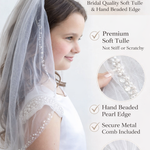 The image is an advertisement for a bridal veil, highlighting its features such as the hand-beaded pearl edge, premium soft tule, and hand-beaded tule. The ad emphasizes that the veil is designed to match the bridal-level quality and is not stiff or scratchy.