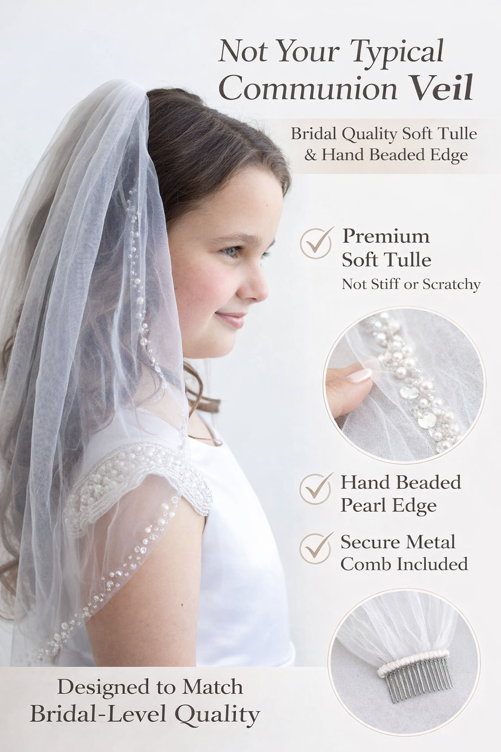 The image is an advertisement for a bridal veil, highlighting its features such as the hand-beaded pearl edge, premium soft tule, and hand-beaded tule. The ad emphasizes that the veil is designed to match the bridal-level quality and is not stiff or scratchy.