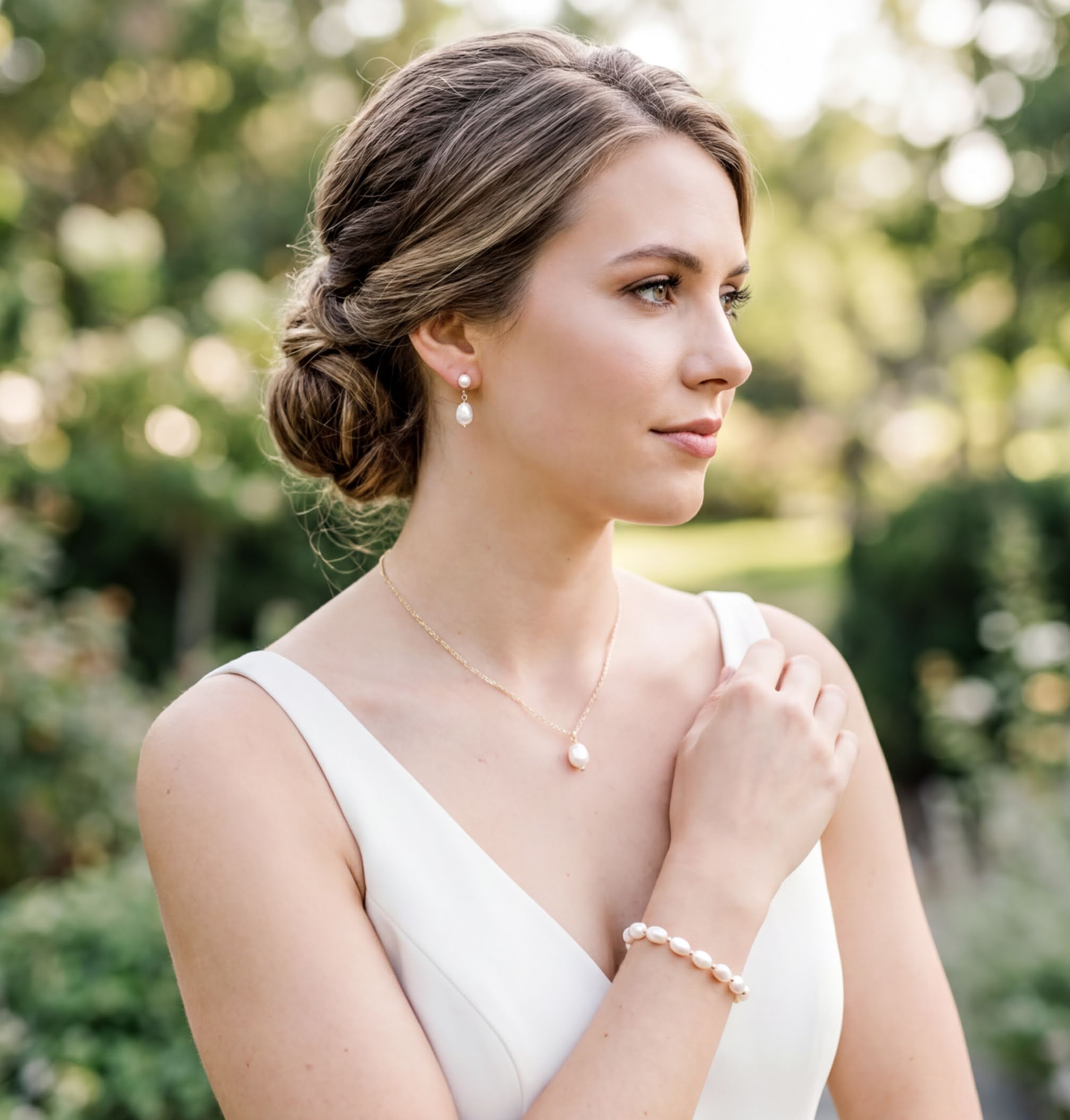 A woman in a white dress stands in a garden, wearing pearl earrings and a bracelet.