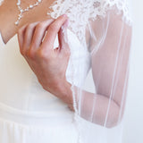 A close-up of a person wearing a white wedding dress with a lace veil, holding the veil with their hand.