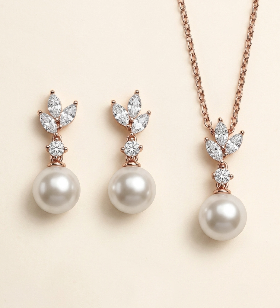 a necklace and earrings set with a combination of pearls and diamonds.