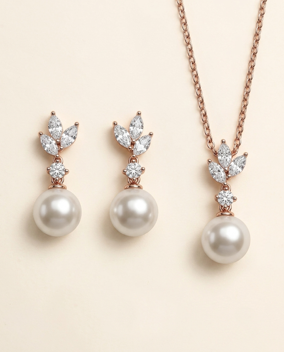 a necklace and earrings set with a combination of pearls and diamonds.