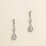 A pair of elegant earrings with a diamond-encrusted design, featuring a central pendant surrounded by smaller diamonds.