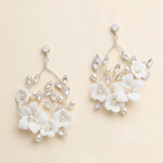 A pair of elegant white floral earrings with crystal accents, displayed against a light beige background.
