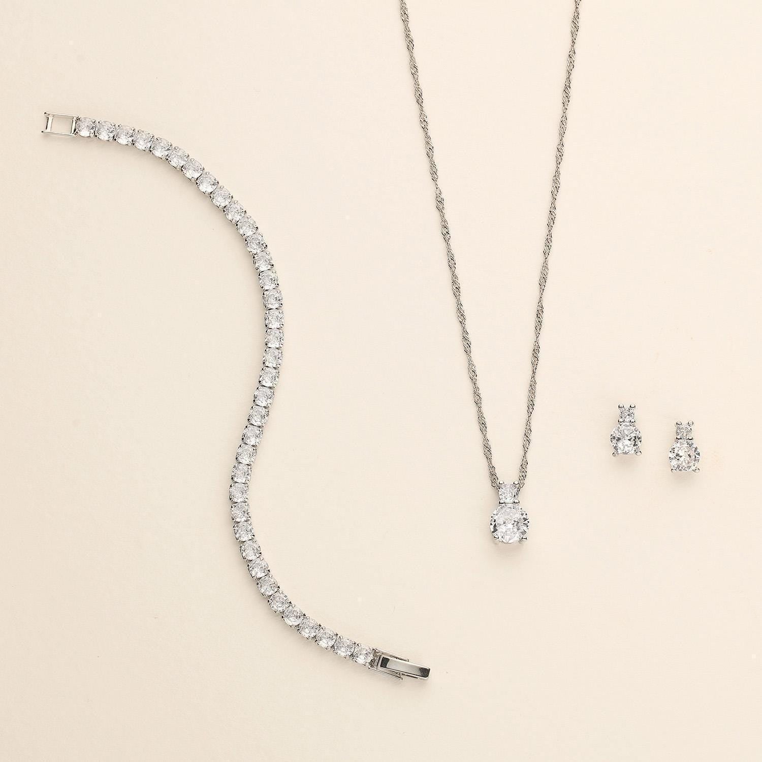 Petite Round Bridesmaid Jewelry Set – Minimalist Cubic Zirconia Bridal Necklace and Earrings