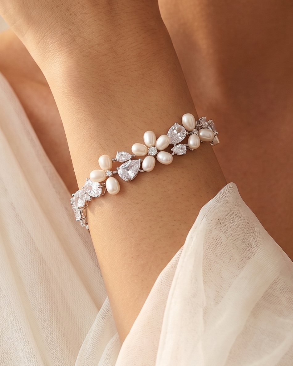 A close-up of a person's arm wearing a bracelet with pearls and diamonds.