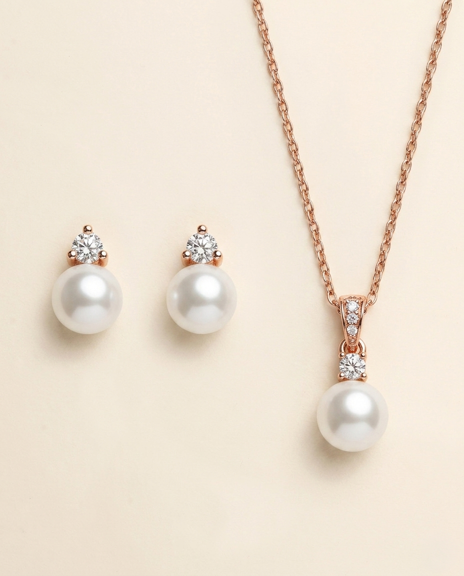 a necklace and earrings set against a light beige background.