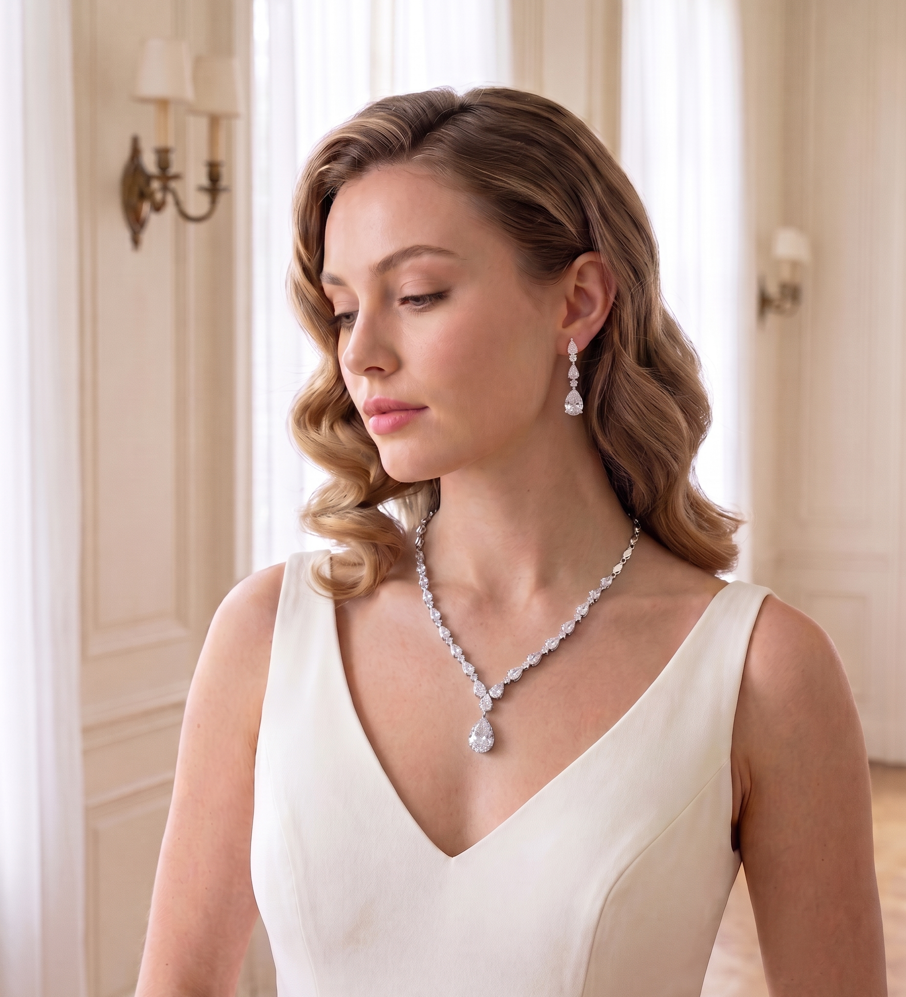 A woman in a white dress with a necklace and earrings stands in a room with white walls and a window.