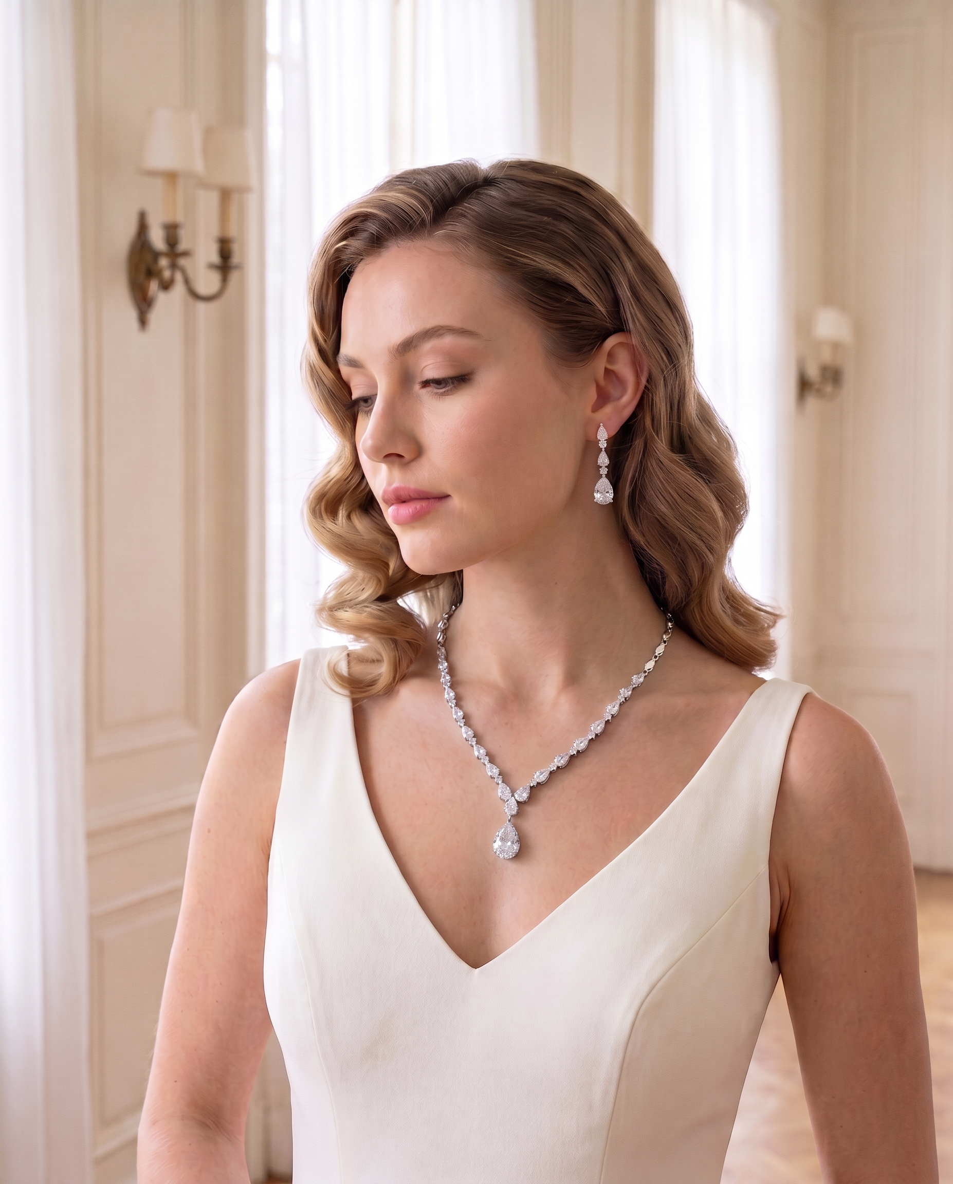 A woman in a white dress with a necklace and earrings stands in a room with white walls and a window.