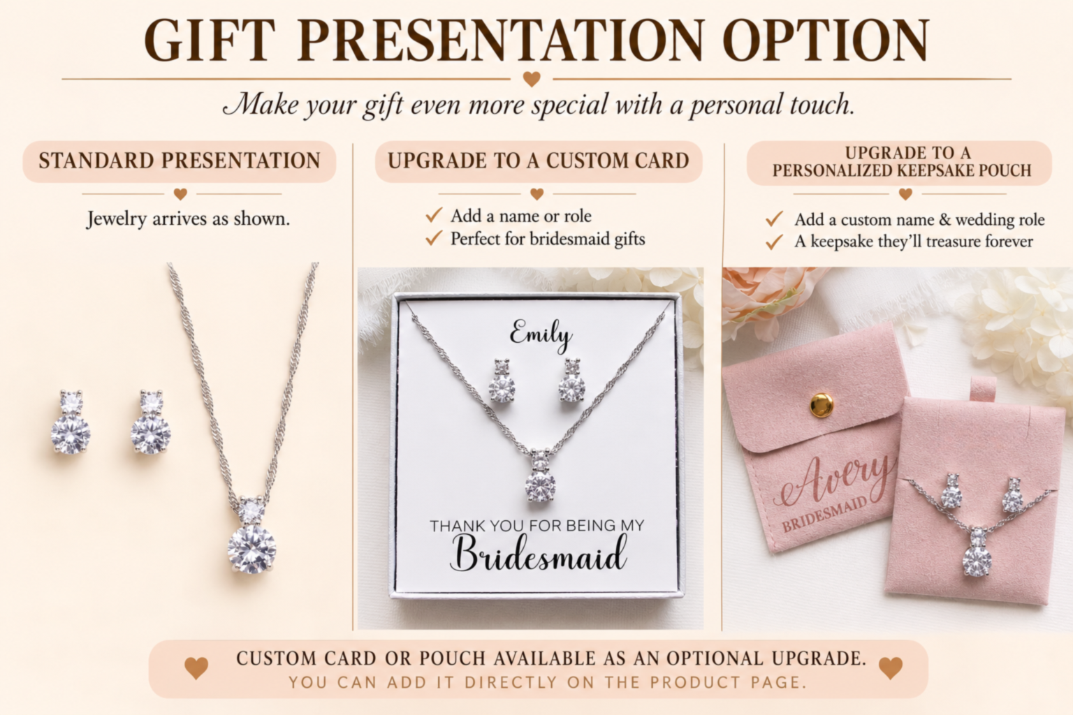 a gift presentation with a necklace, earrings and a card