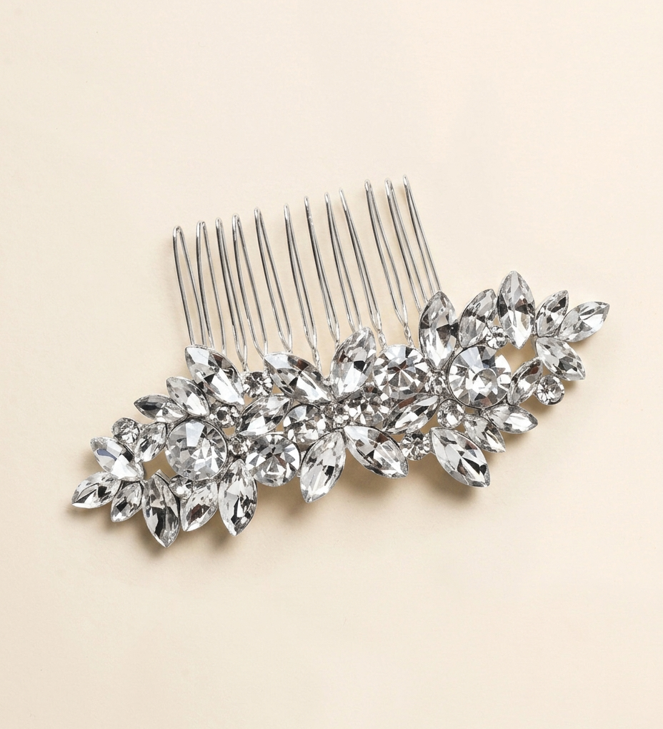 A silver hairbrush adorned with numerous sparkling crystal stones.