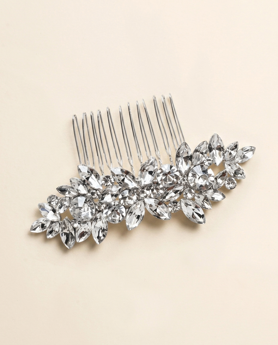 A silver hairbrush adorned with numerous sparkling crystal stones.