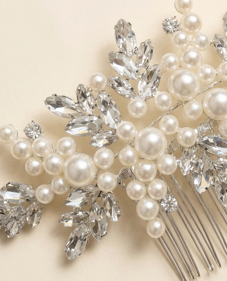 a close-up view of a decorative hair accessory, which appears to be a hair comb or hairbrush adorned with numerous crystal and pearl embellishments.