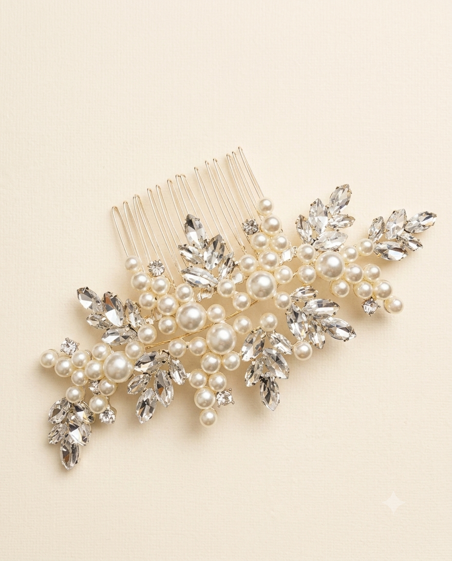 A decorative hair accessory with a combination of pearls, crystals, and leaves.