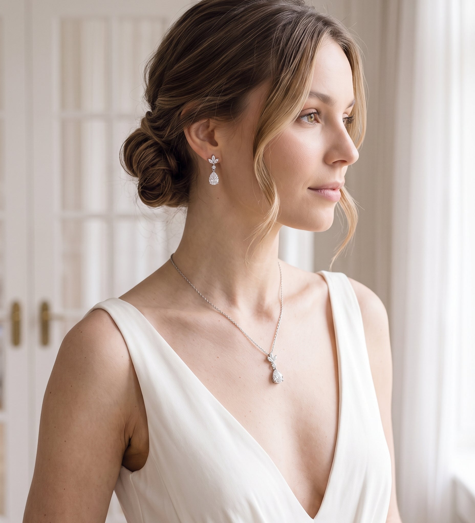 A woman wearing a white dress and earrings stands in front of a window, gazing off to the side.