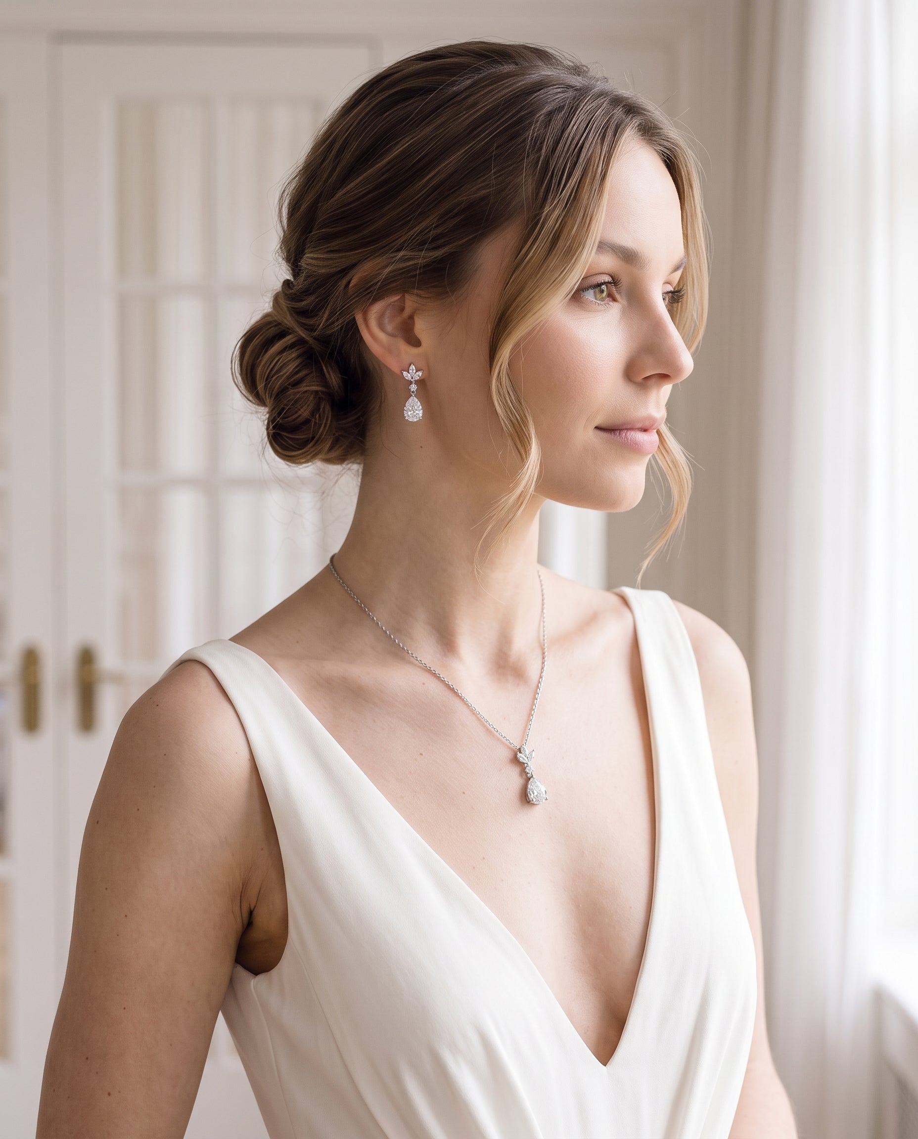 A woman wearing a white dress and earrings stands in front of a window, gazing off to the side.