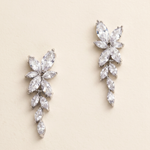 A pair of elegant earrings with large, clear gemstones arranged in a floral design.